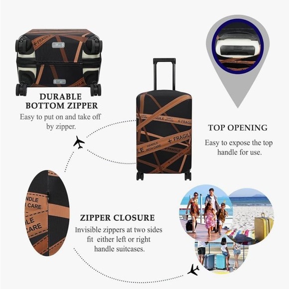 NWOT Black & Brown Luggage Cover with Fragile Print 18-22” Sm Diagonal Carry-on - Picture 4 of 10